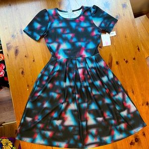 NWT Amelia dress Lularoe zipper black geometric rainbow pattern pockets 80s 90s